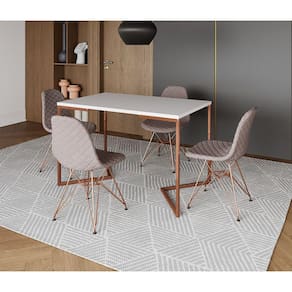 Mesa Jantar Industrial Retangular Branca 120x75 Base V com 4 Cadeiras Estofadas Nude Médio Base Cobr