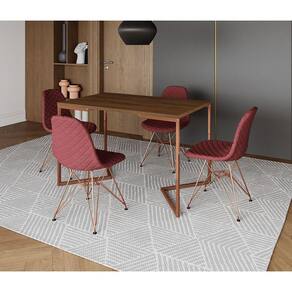 Mesa Jantar Industrial Retangular Amêndoa 120x75 Base V com 4 Cadeiras Estofadas Vermelhas Base Cobr
