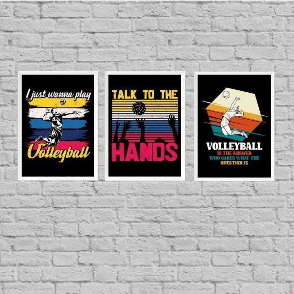Kit 3 Quadros Volleyball Vintage 45X34Cm Branca
