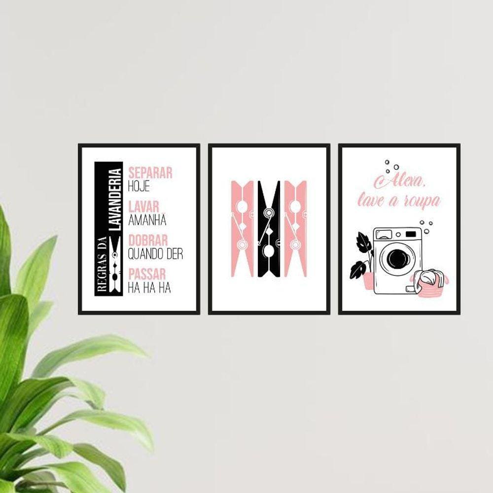 Kit 3 Quadros Lavanderia Alexa Lave A Roupa 45X34Cm