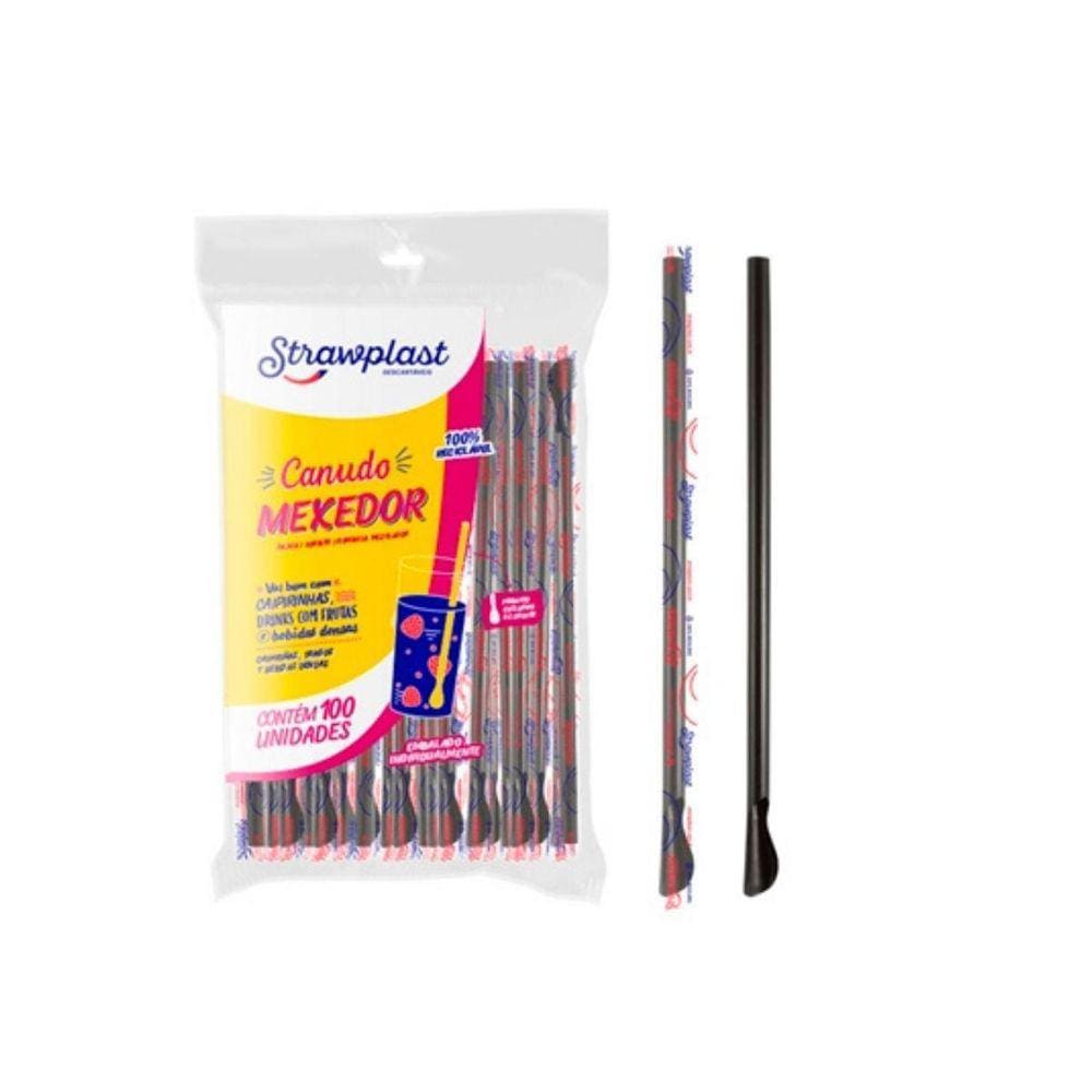 500 Canudo Colher Mexedor Drink Preto Strawplast