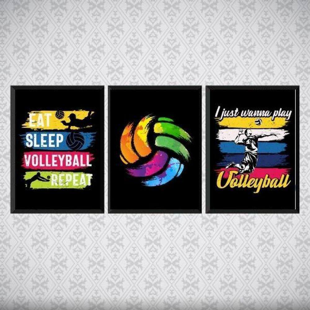 Kit 3 Quadros Volleyball Retrô 33X24Cm - Com Vidro