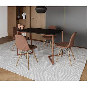 Mesa Jantar Industrial Retangular Preta 120x75 Base V Cobre com 4 Cadeiras Estofadas Caramelo Madeir