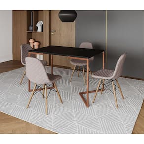 Mesa Jantar Industrial Retangular Preta 120x75 Base V Cobre com 4 Cadeiras Estofadas Nude Médio Made