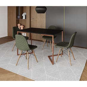 Mesa Jantar Industrial Retangular Preta 120x75 Base V Cobre com 4 Cadeiras Estofadas Verdes Madeira