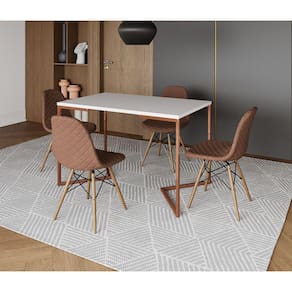 Mesa Jantar Industrial Retangular Branca 120x75 Base V Cobre com 4 Cadeiras Estofadas Caramelo Madei