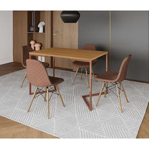 Mesa Jantar Industrial Retangular Canela 120x75 Base V Cobre C/ 4 Cadeiras Estofada Caramelo Madeira