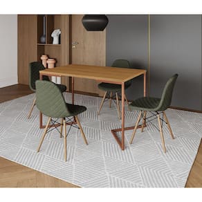 Mesa Jantar Industrial Retangular Canela 120x75 Base V Cobre com 4 Cadeiras Estofada Verde Madeira