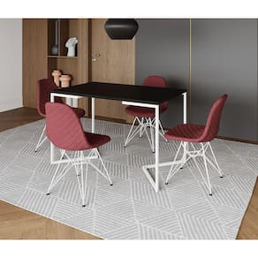 Mesa Jantar Industrial Retangular Base V 120x75cm Preta com 4 Cadeiras Estofadas Vermelhas Aço Branc