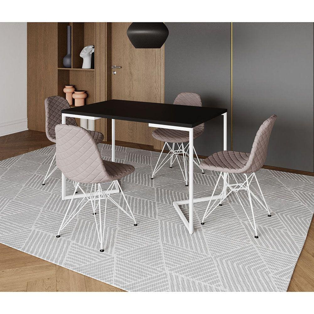 Mesa Jantar Industrial Retangular Base V 120x75cm Preta com 4 Cadeiras Estofadas Nude Médio Aço Bran