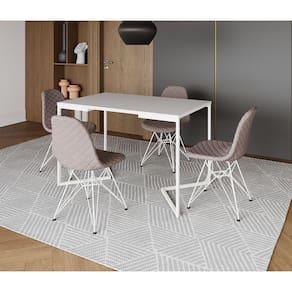 Mesa Jantar Industrial Retangular Base V 120x75cm Branca com 4 Cadeiras Estofada Nude Médio Aço Bran