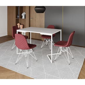 Mesa Jantar Industrial Retangular Base V 120x75cm Branca com 4 Cadeiras Estofadas Vermelhas Aço Bran