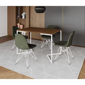 Mesa Jantar Industrial Retangular Base V 120x75cm Amêndoa com 4 Cadeiras Estofadas Verdes Aço Branco