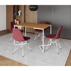 Mesa Jantar Industrial Retangular Base V 120x75cm Canela + 4 Cadeiras Estofadas Vermelhas Aço Branco