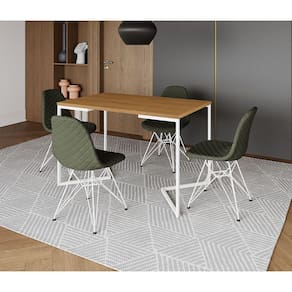 Mesa Jantar Industrial Retangular Base V 120x75cm Canela + 4 Cadeiras Estofadas Verdes Aço Branco
