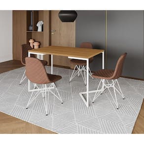 Mesa Jantar Industrial Retangular Base V 120x75cm Canela com 4 Cadeiras Estofada Caramelo Aço Branco