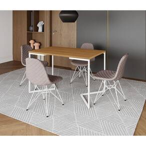 Mesa Jantar Industrial Retangular Base V 120x75cm Canela + 4 Cadeiras Estofada Nude Médio Aço Branco