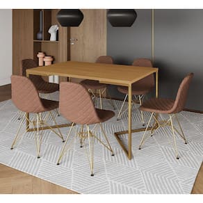 Mesa Industrial Retangular Canela Base V Dourada 137x90cm C/ 6 Cadeiras Estofadas Caramelo Dourada