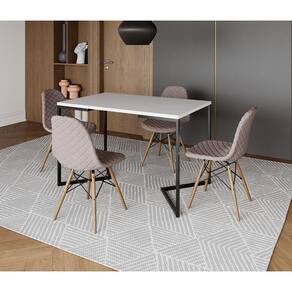 Mesa Jantar Industrial com 4 Cadeiras Estofada Nude Médio Madeira Tampo Branco 120x75 Base V Aço Pre