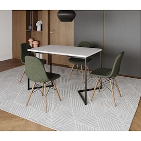 Mesa Jantar Industrial com 4 Cadeiras Estofadas Verde Madeira Tampo Branco 120x75 Base V Aço Preto