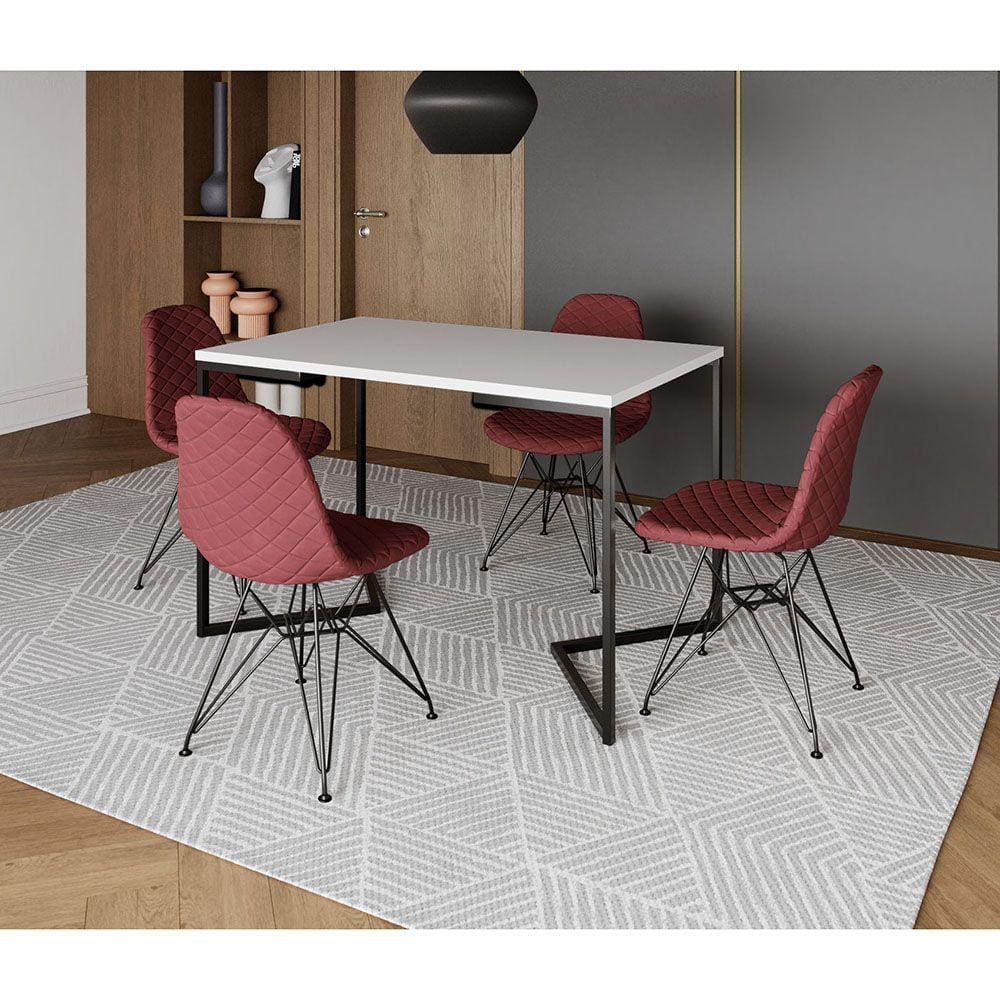 Mesa Jantar Industrial Retangular Branca 120x75 Base V com 4 Cadeiras Estofadas Vermelhas Aço Preto