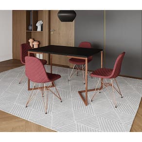 Mesa Jantar Industrial Retangular Preta 120x75 Base V com 4 Cadeiras Estofadas Vermelhas Base Cobre