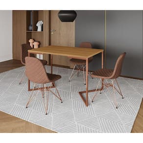 Mesa Jantar Industrial Retangular Canela 120x75 Base V com 4 Cadeiras Estofadas Caramelo Base Cobre