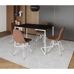 Mesa Jantar Industrial Retangular Base V 120x75cm Preta com 4 Cadeiras Estofadas Caramelo Aço Branco
