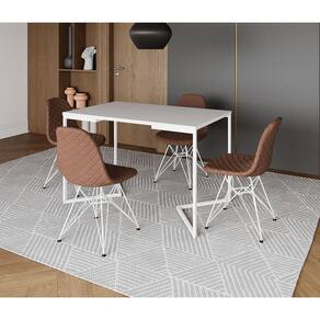 Mesa Jantar Industrial Retangular Base V 120x75cm Branca com 4 Cadeiras Estofadas Caramelo Aço Branc