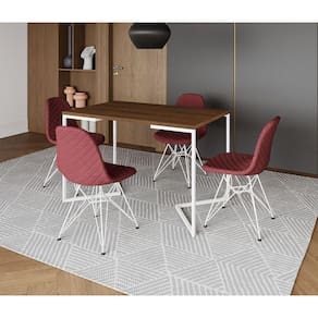 Mesa Jantar Industrial Retangular Base V 120x75cm Amêndoa com 4 Cadeiras Estofadas Vermelhas Aço Bra