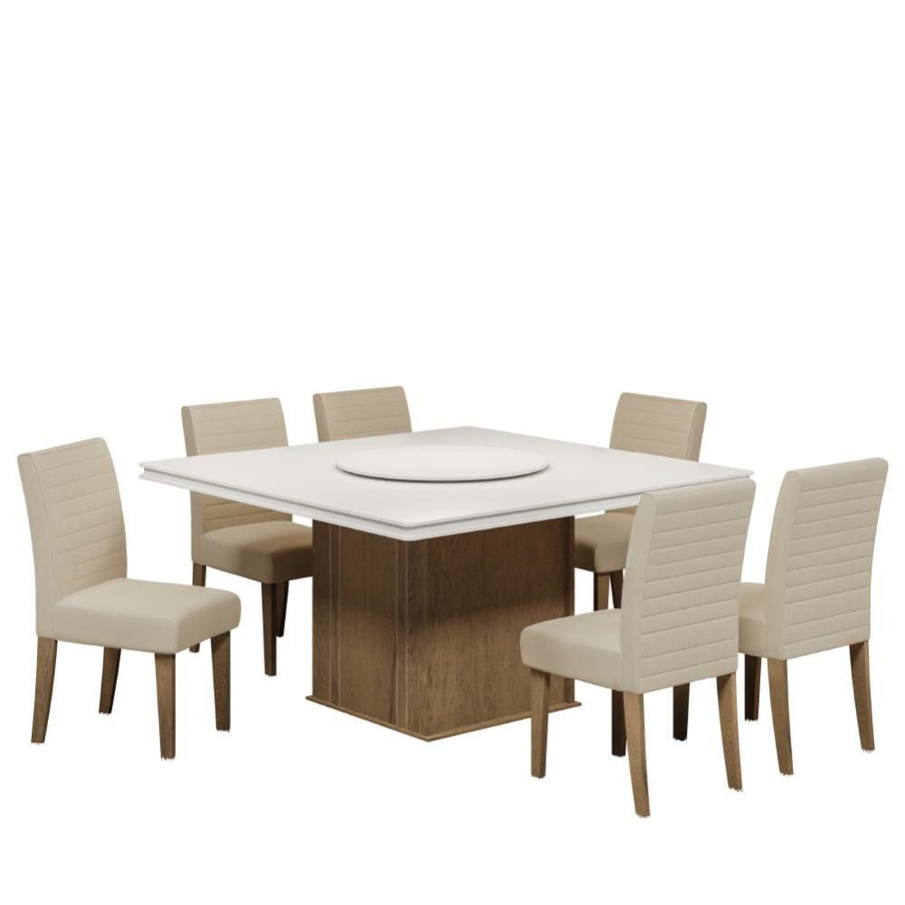 Conjunto De Mesa Sala de Jantar Com Tampo Giratório Amesterdã 1,36m 6 Cadeiras Creta Cedro / Off White / Areia Dobuê
