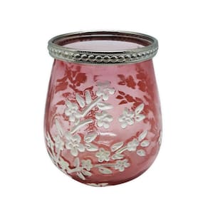 Castiçal Porta Velas em Vidro Moderno Floral Rosa 11 cm