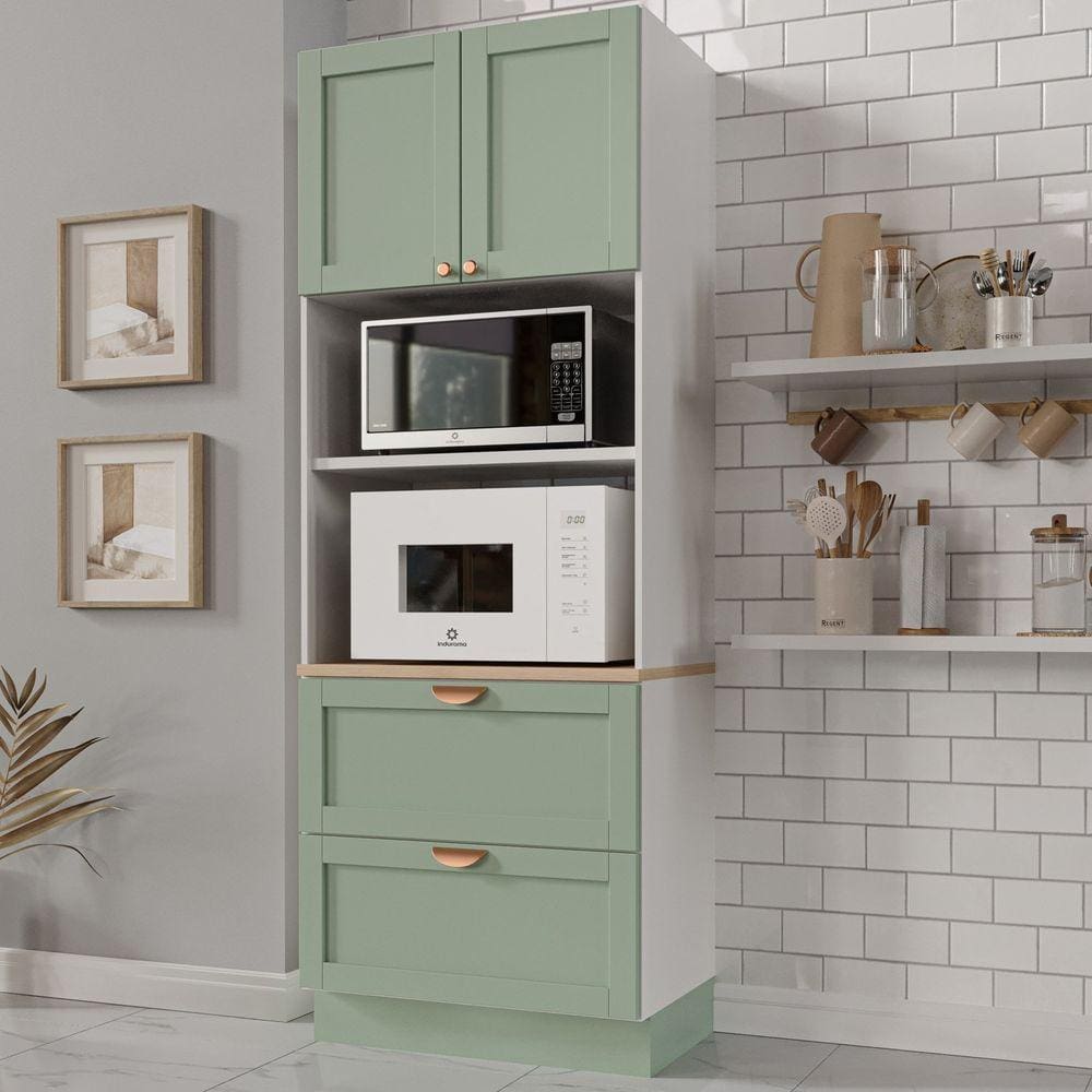 Torre Quente 2 Portas 2 Gavetas 2 Nichos para Forno e Microondas Arizona CabeCasa MadeiraMadeira Branco/Menta