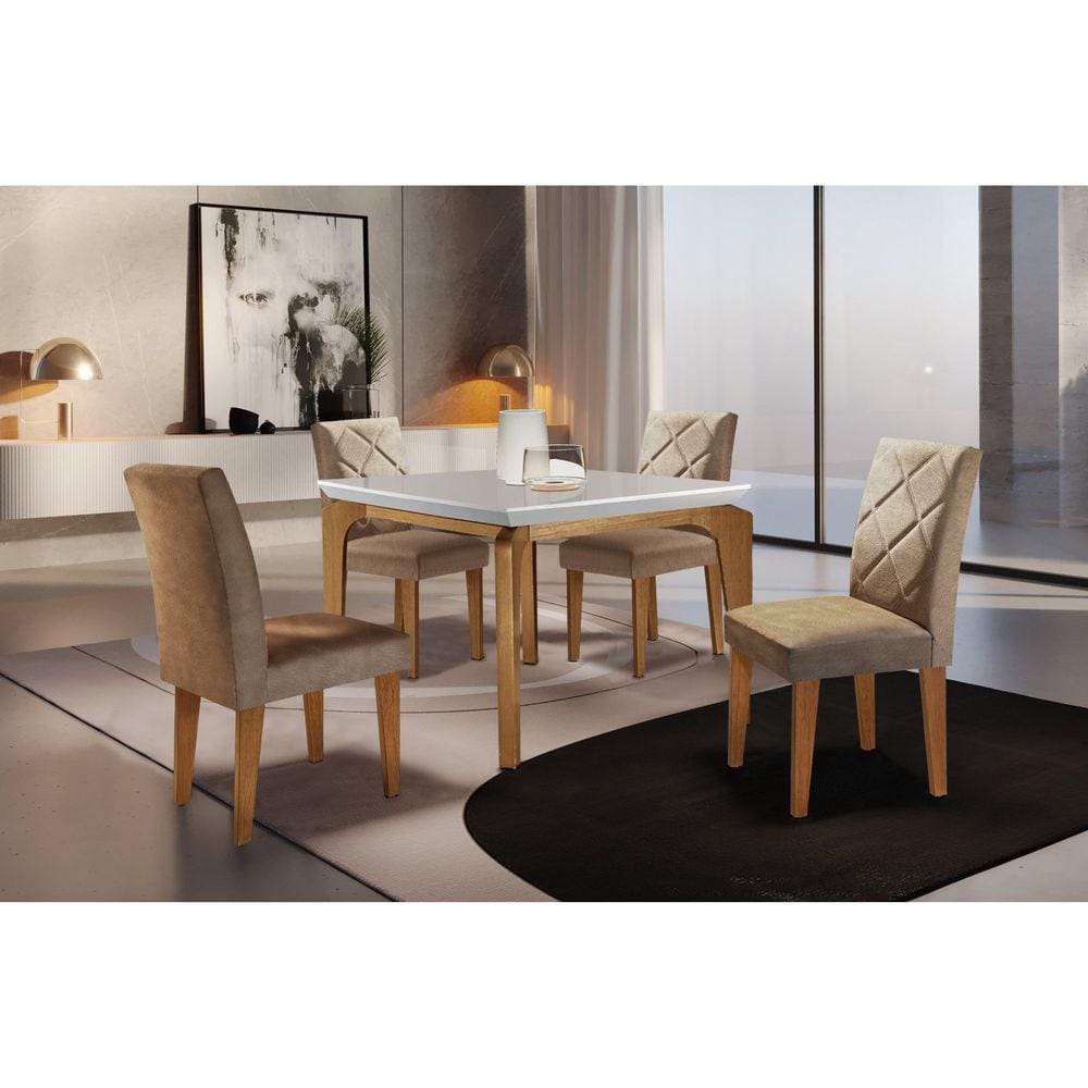 Conjunto Mesa 120cm Canto Reto Dublin e 4 Cadeiras Irlanda Rufato Animalle Chocolate/Off White/Imbuia
