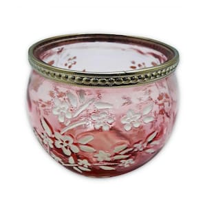 Castiçal Porta Velas em Vidro Moderno Floral Rosa 19 cm