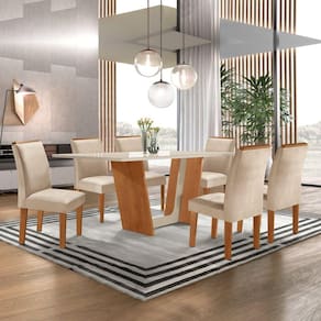 Conjunto Sala de Jantar Mesa Tampo Dakota Plus Vidro 160x80cm com 6 Cadeiras Luisa Cel Móveis Cinamomo/Off White/Suede Pena