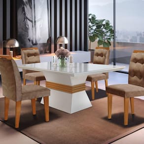 Conjunto Sala de Jantar Mesa Clarice 120x80cm Tampo Vidro/MDF Canto Reto com 4 Cadeiras Valentina Rufato Off White/Imbuia
