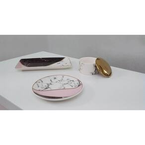 Conjuntinho Decorativo 3 Peças Cerâmica Mármore e Rosa