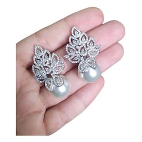Brinco Noiva Zirconia E Pérola Delicado Luxo - Prateado