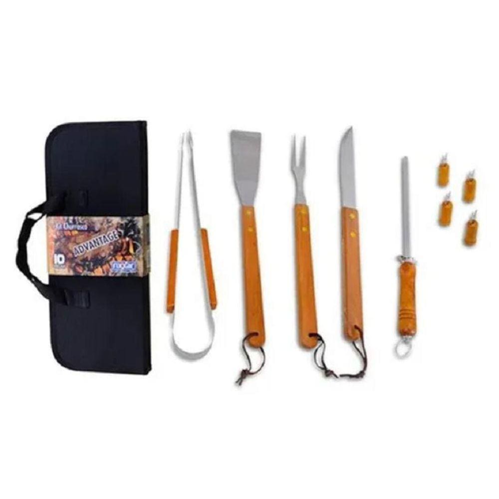 Kit Churrasco Advantage 10 pç Cabo Madeira Aço Inox Estojo