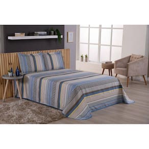 Colcha Viena Queen 3 Peças Estampado Listrado Azul