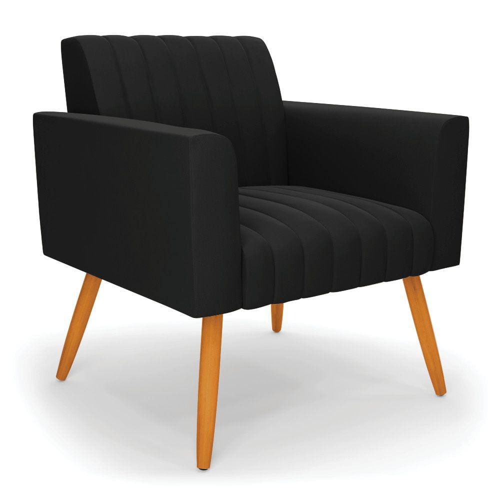 Poltrona Viena Gomada Suede Preto Pés Palito Castanho - D`Rossi