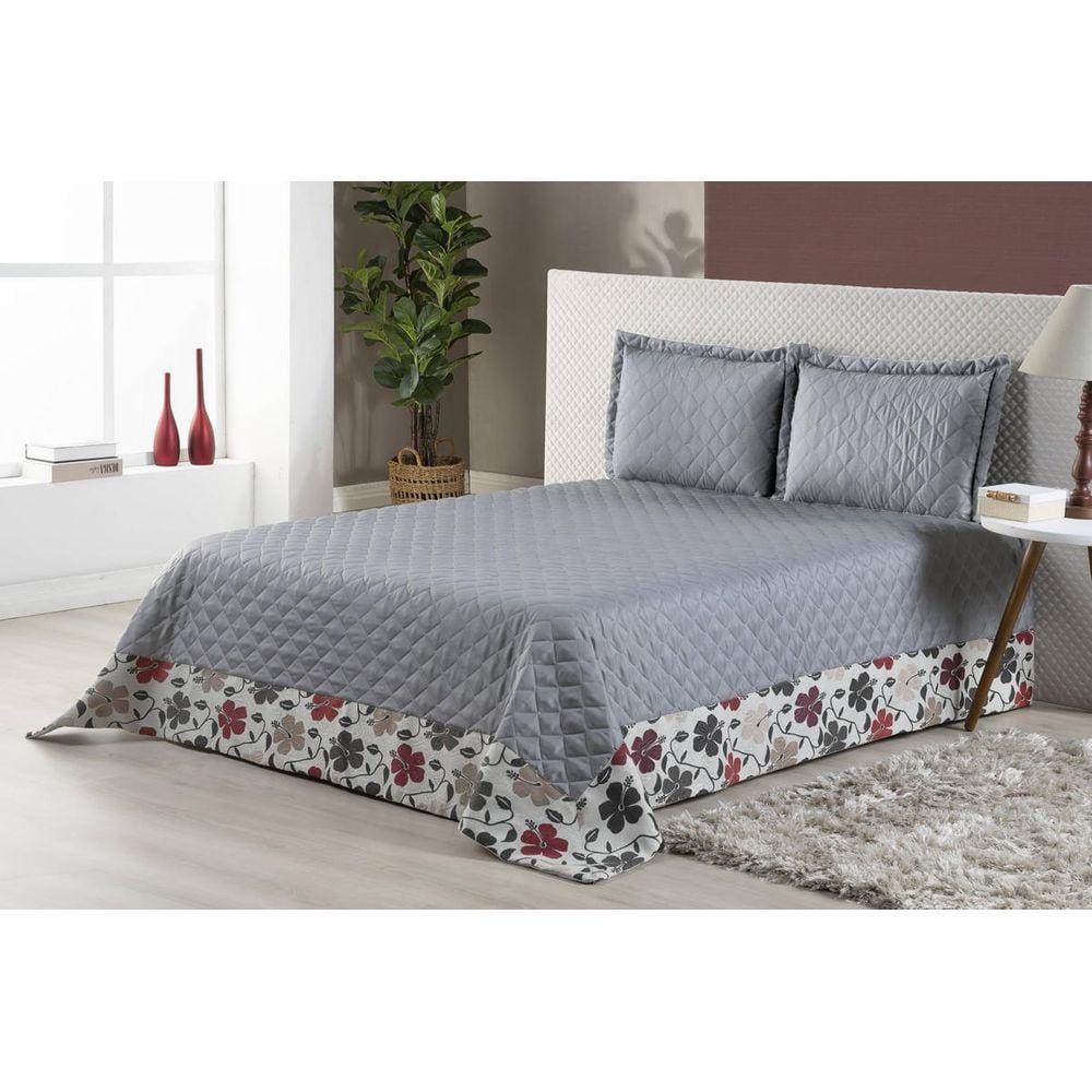 Colcha Vitória Queen Cinza 3 Pçs Babado Com Ótimo Acabamento