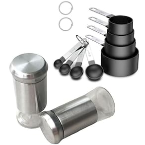 Kit Medidor Culinário Inox Preto 8Pç+ 2 Porta Temperos Vidro