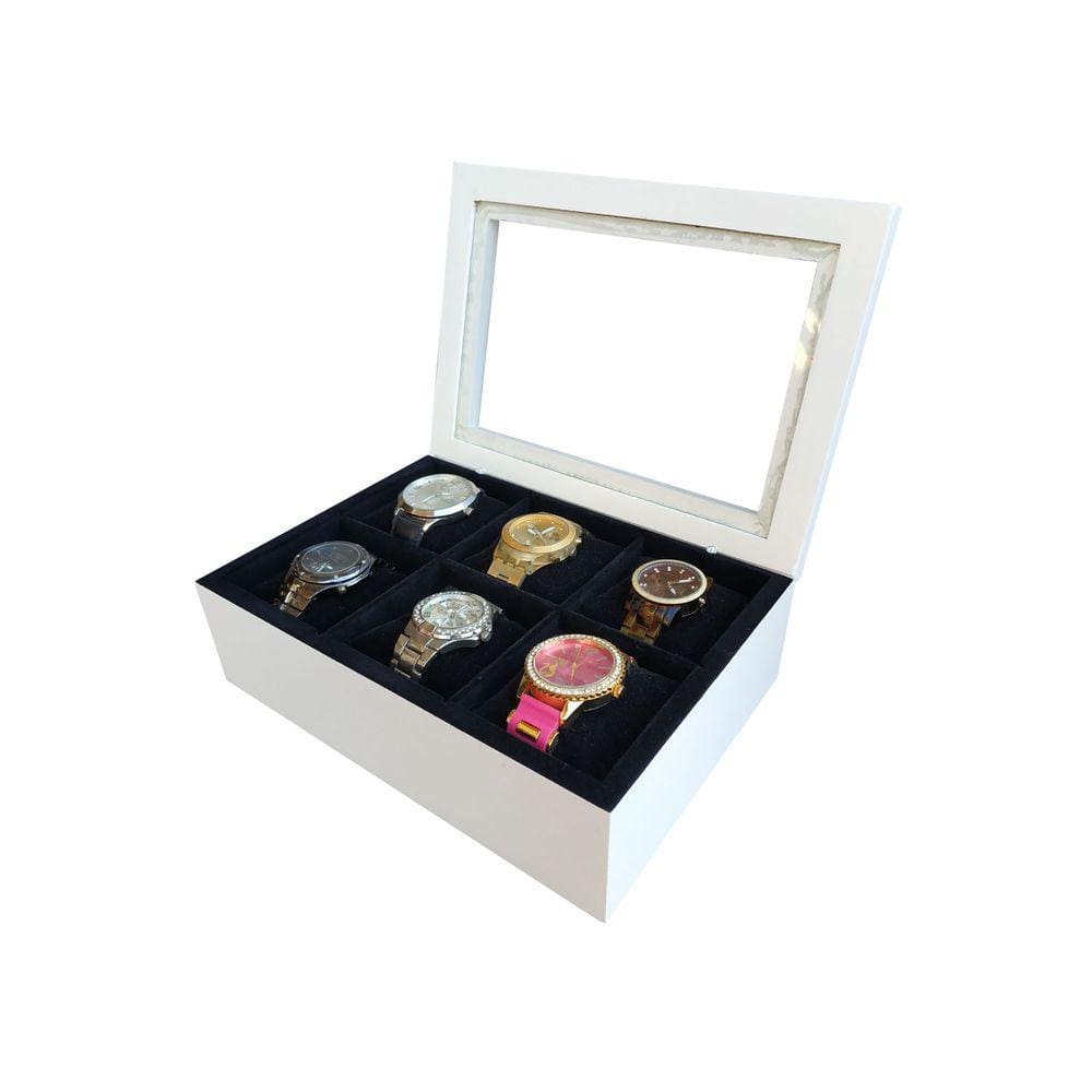 Caixa/estojo para 06 Relógios Laqueado Branco Flocado de Preto