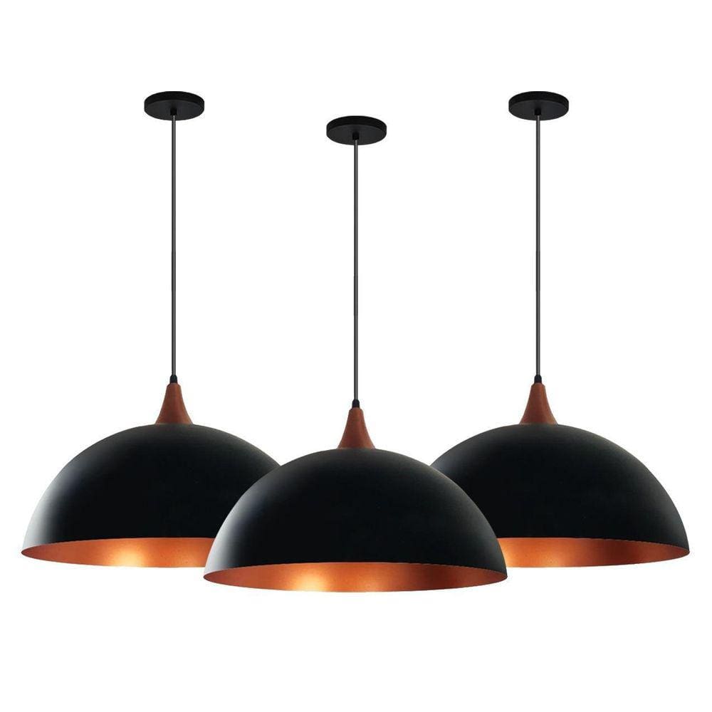 Kit 3 Lustres Pendentes Meia Lua 40 Cm Chapéu Preto Cobre