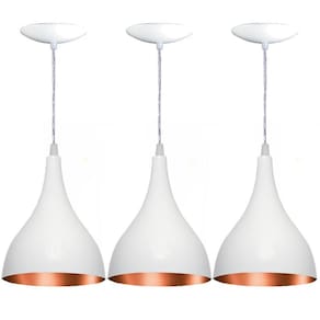 Kit 03 Luminárias Pendente Gota Em Alumínio - Branca E Cobre