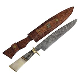 Faca Aço Damasco 10` Padrão Ladder Artesanal Churrasco Cabo Misto Imbuia Osso Zanline