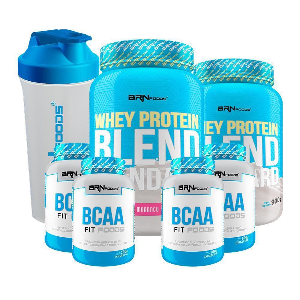 Kit 2X Whey Protein 900G Morango 4X Bcaa Coqueteleira 600Ml
