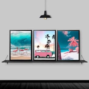 Kit 3 Quadros Praia Kombi Rosa 45X34Cm Madeira Preta